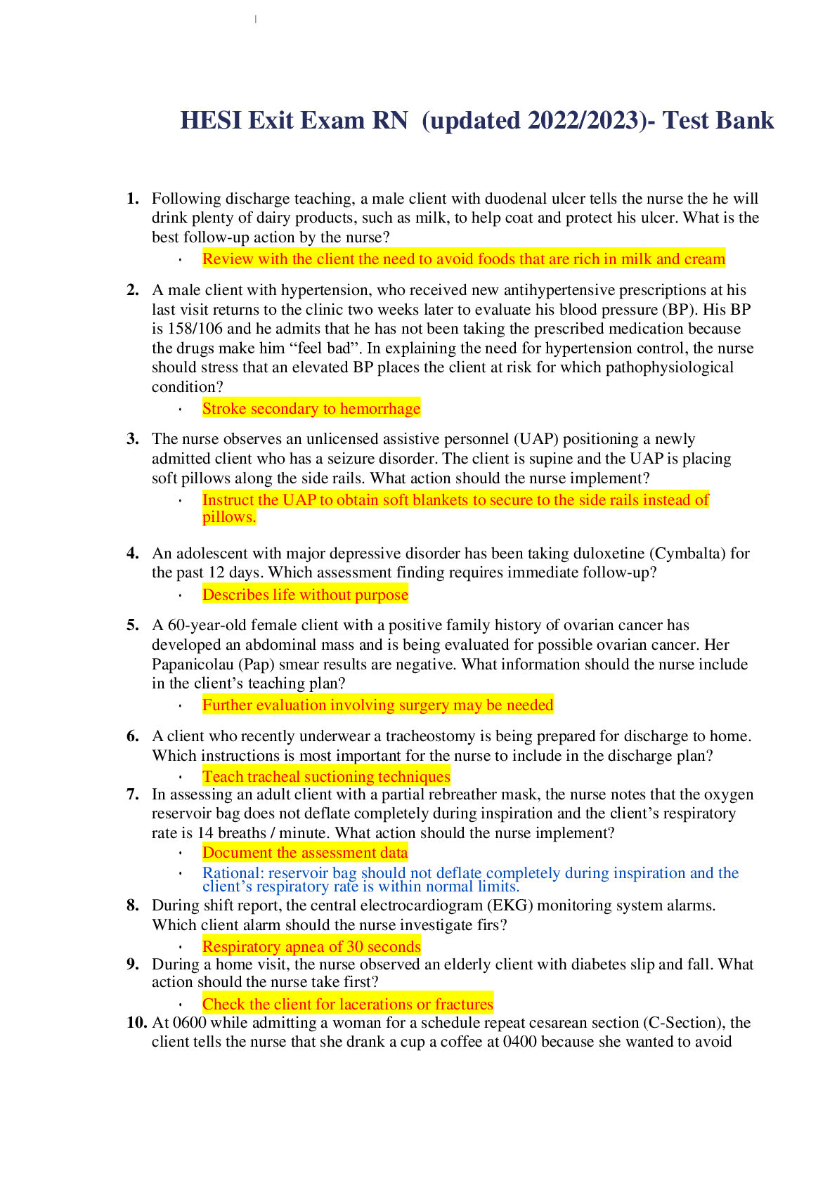 Preview of HESI Exit Exam RN (updated 2022/2023)- Test Bank
